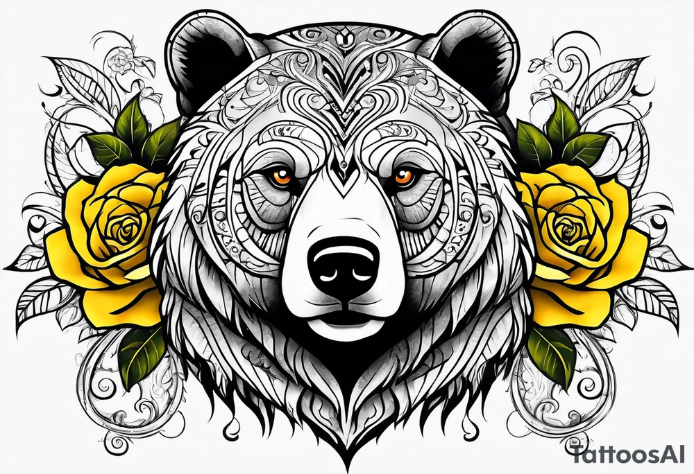 A tribal bear above the butterfly and yellow rose tattoo idea