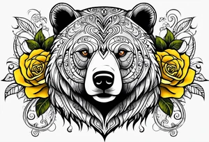 A tribal bear above the butterfly and yellow rose tattoo idea