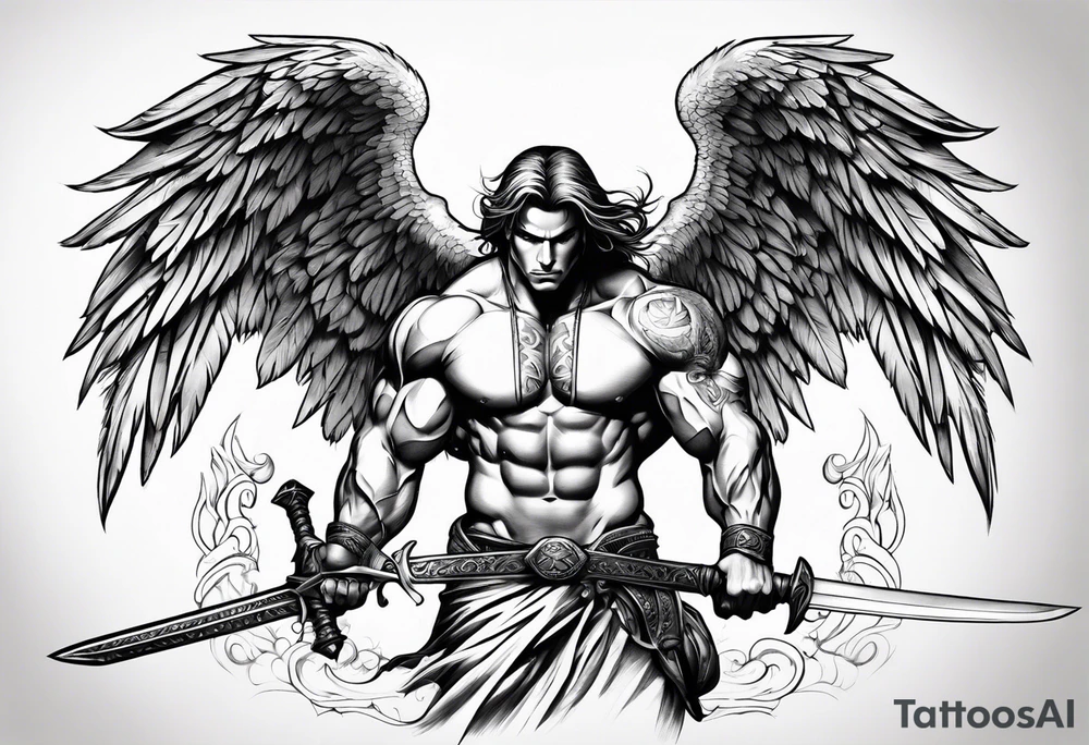 Micheal arc angel bent over pulling sword super muscular tattoo idea