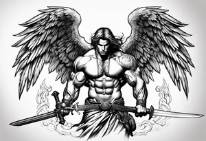 Micheal arc angel bent over pulling sword super muscular tattoo idea