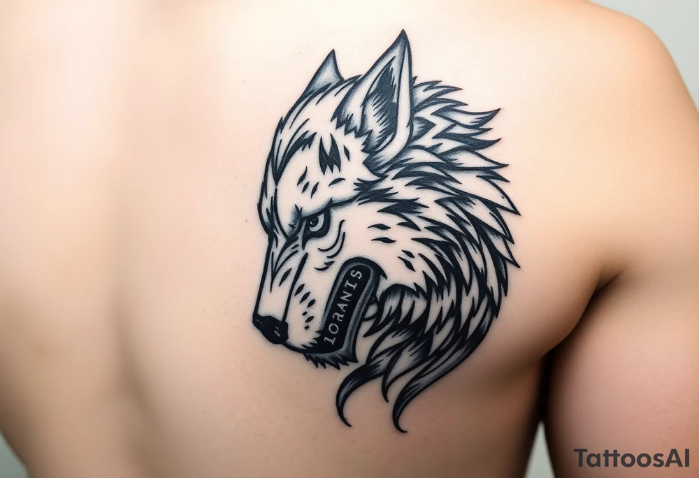 side face of wolf from hell with some tribal art around it. must be long enough to fit the outside of my forearm. tattoo idea