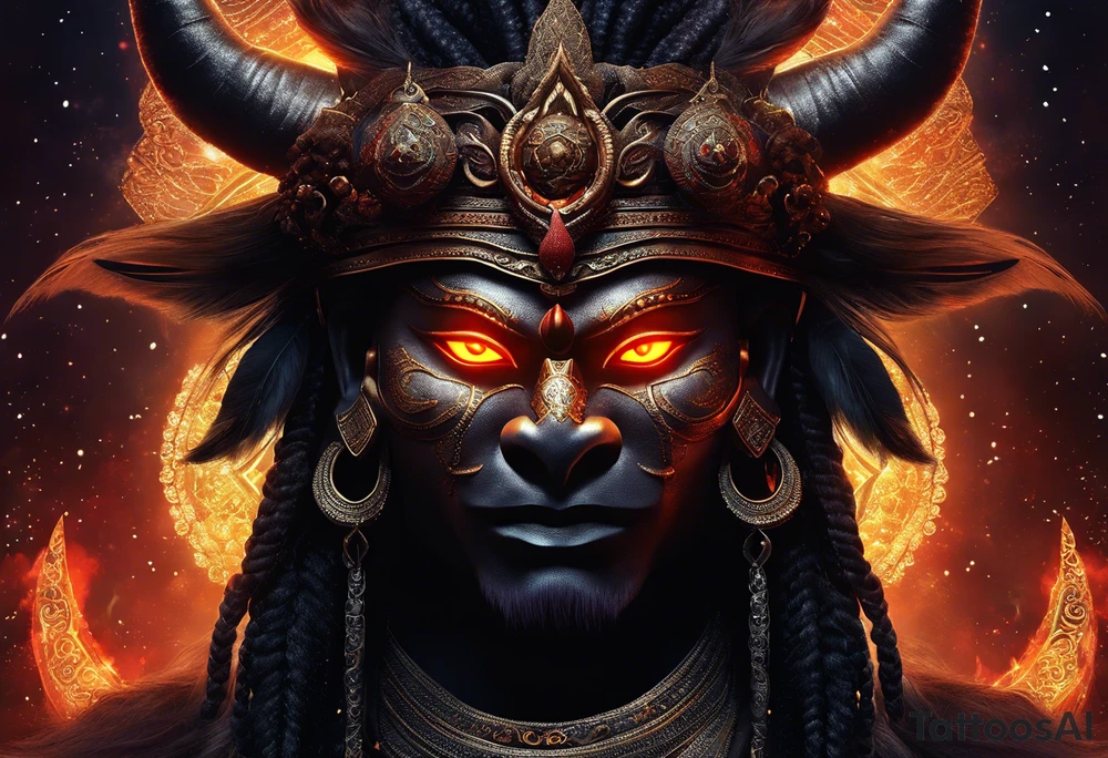 A majestic demon king face with devilish features placed above torii gate is showcased in this realism image depicting keertimukh. The king's deep-set glowing galaxy-styled large eyes give off an aura of power and mystery. The king's head is acting as dreamcatcher and has braids styled like predator, with 2-3 ending with flame-styled feathers. The king's face is intricately dotted in narsimha/ rudra symbols. The head has a crown shaped blue and orangish flames with intricate and prominent koru maori symbols in the shape of trishul/ trident. The image is filled with vibrant colors, with lot of deep blue, deep purple, and violet, with streaks of bright orange and yellow. This face bust (only face) is atop of a torii gate which is in a brush stroke style, somewhat visible. The king looks regal and powerful. tattoo idea