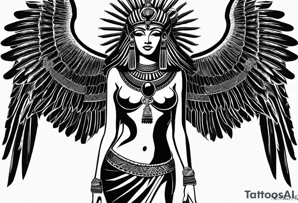 black and white Egyptian goddess Isis, who is often depicted as a woman with outstretched wings, holding an ankh (a symbol of life) in one hand and a lotus flower in the other. Her headdress often includes a throne or a solar disk. The tattoo design can vary in style and size, but it typically aims to capture the essence of this revered Egyptian deity, emphasizing her beauty, power, and maternal qualities. The choice of colors and additional elements can also be customized to create a unique and visually striking representation of the goddess Isis tattoo idea