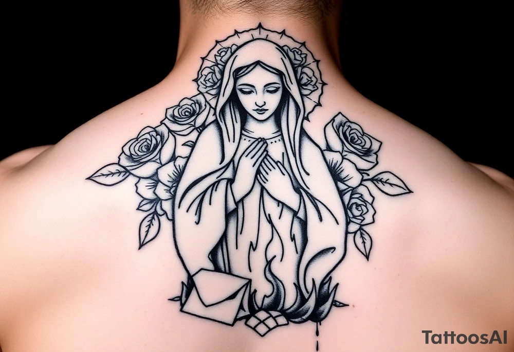 Mother mary with roses around her head, and a burnt up paper under her feet tattoo idea