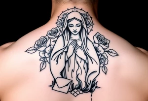 Mother mary with roses around her head, and a burnt up paper under her feet tattoo idea