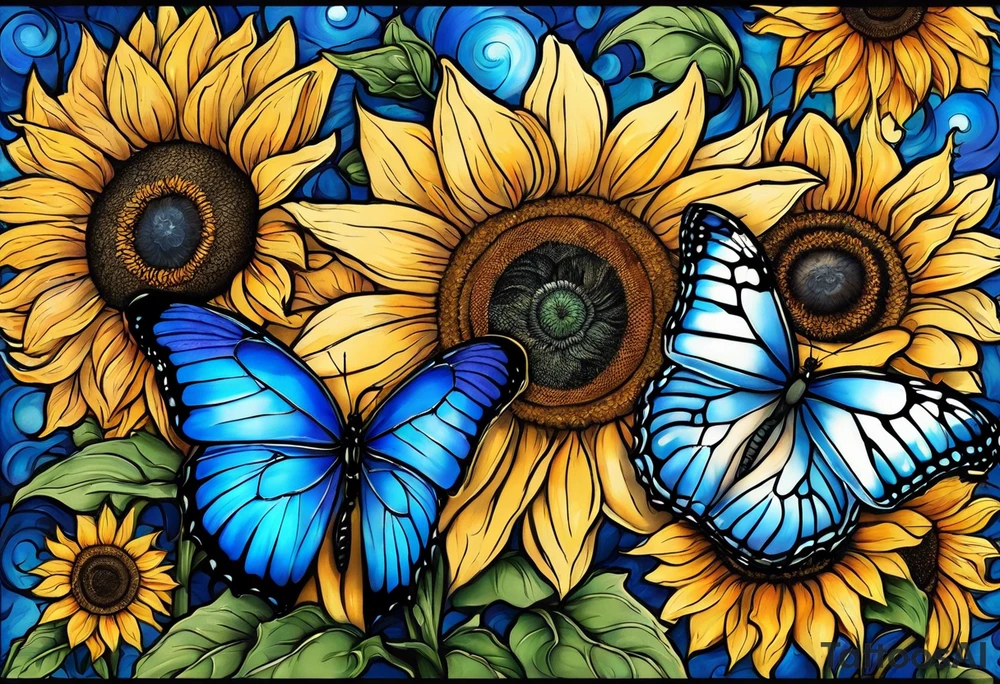Full moon, blue morpho butterflies and sunflowers. tattoo idea