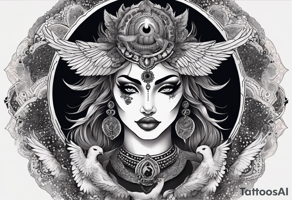 black kali, goddess pirate, alien, angel, pachamama, valkrye, warrior, flying, skull, lotus azul, wing, eagle, zenza resonance, stars, 5D, anahata chakra, death, durga, riding on a tiger, flying lady, kundalini, chest tatoo, samuri, rebel,serpent tattoo idea