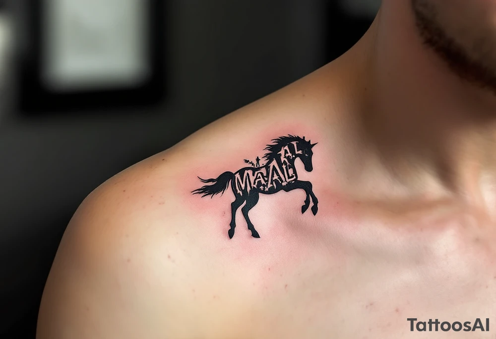 horse silhouette 
from the front which gallops from the front, with the 3 small letters discreetly integrated: M, A, L tattoo idea