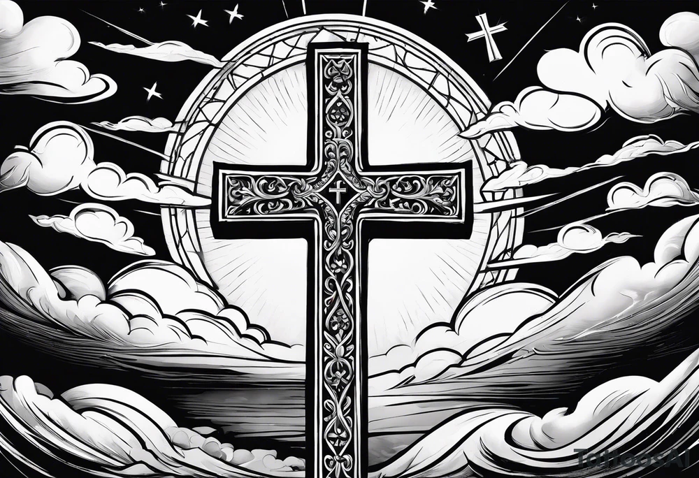 bible verse with a very simple cross in the background and realistic clouds shadowing the cross in the background tattoo idea