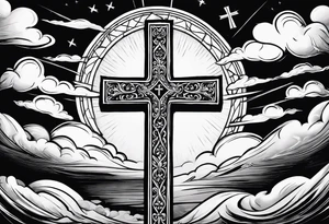 bible verse with a very simple cross in the background and realistic clouds shadowing the cross in the background tattoo idea