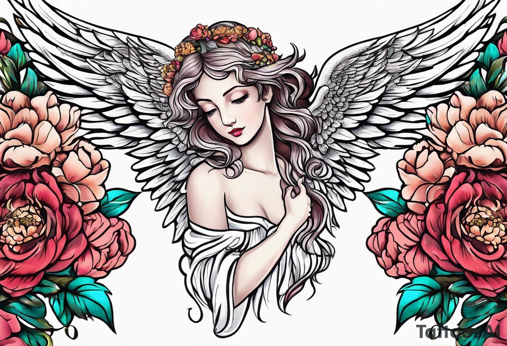 beautiful angel wings with colorful, peonies. beautiful flilligree in the background , full color, traditional old school , white background tattoo idea