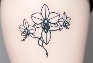 Draw of three fine line orchids different size realistic, the central part resembles a vagina. Are connected with branches tattoo idea