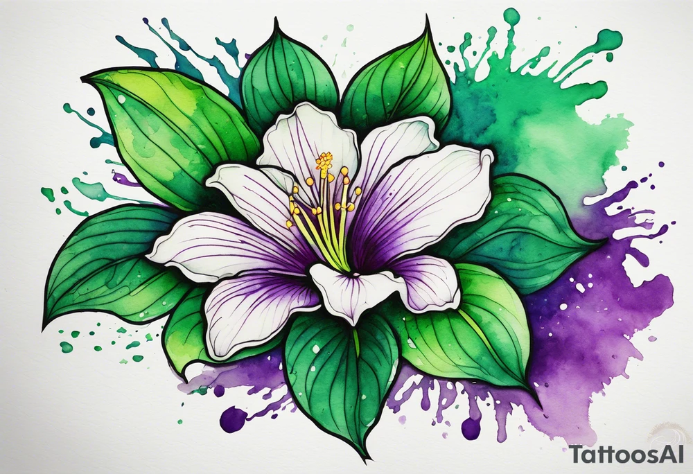 An outline of an only green rio dipladenia flower and a green and purple watercolor splash in the background tattoo idea
