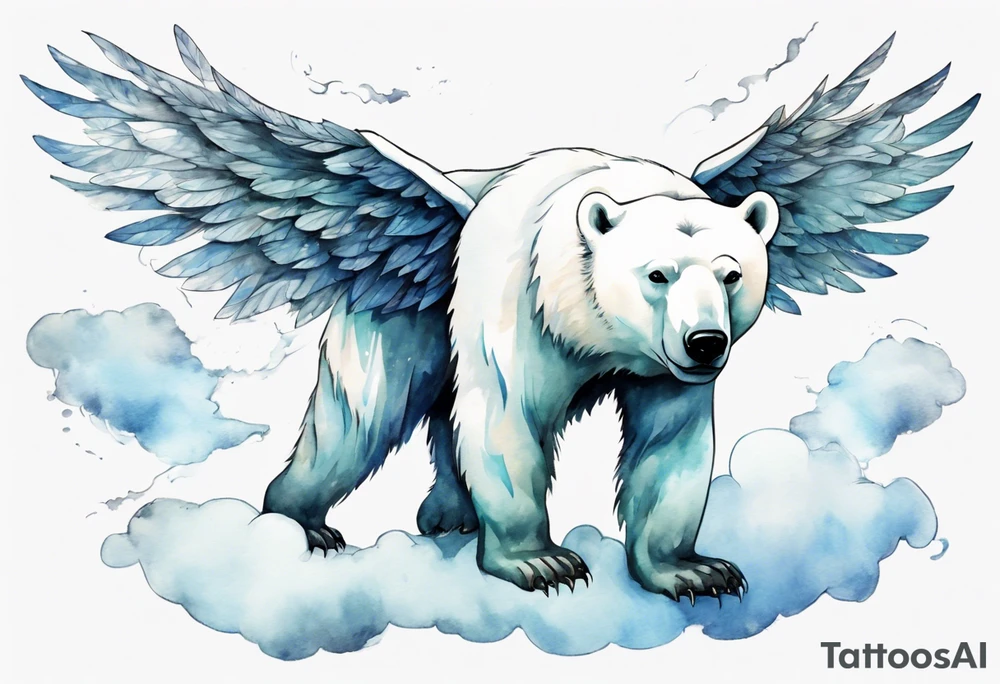 a polar bear with wings, standing on clouds blowing wind from his mouth tattoo idea