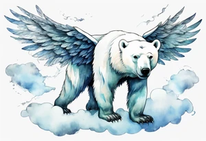 a polar bear with wings, standing on clouds blowing wind from his mouth tattoo idea