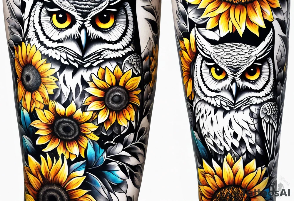 Leg sleeve with colorful sunflowers and an owl tattoo idea