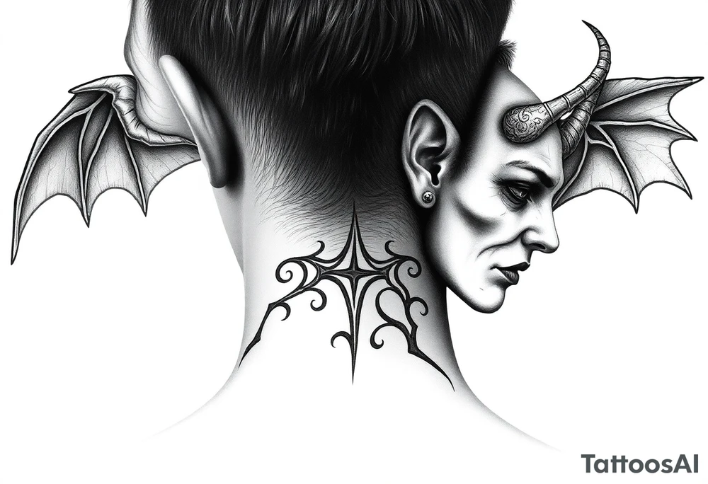 position behind the neck Angel (on the right) whispering in the right ear, demon (on the left) whispering in the left ear tattoo idea