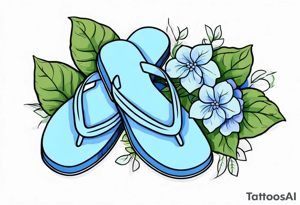 small tattoo of a pastel blue flip flop surrounded by blue and periwinkle hydrangea flowers with green leaves tattoo idea