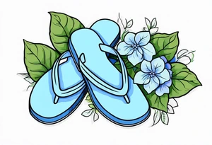 small tattoo of a pastel blue flip flop surrounded by blue and periwinkle hydrangea flowers with green leaves tattoo idea