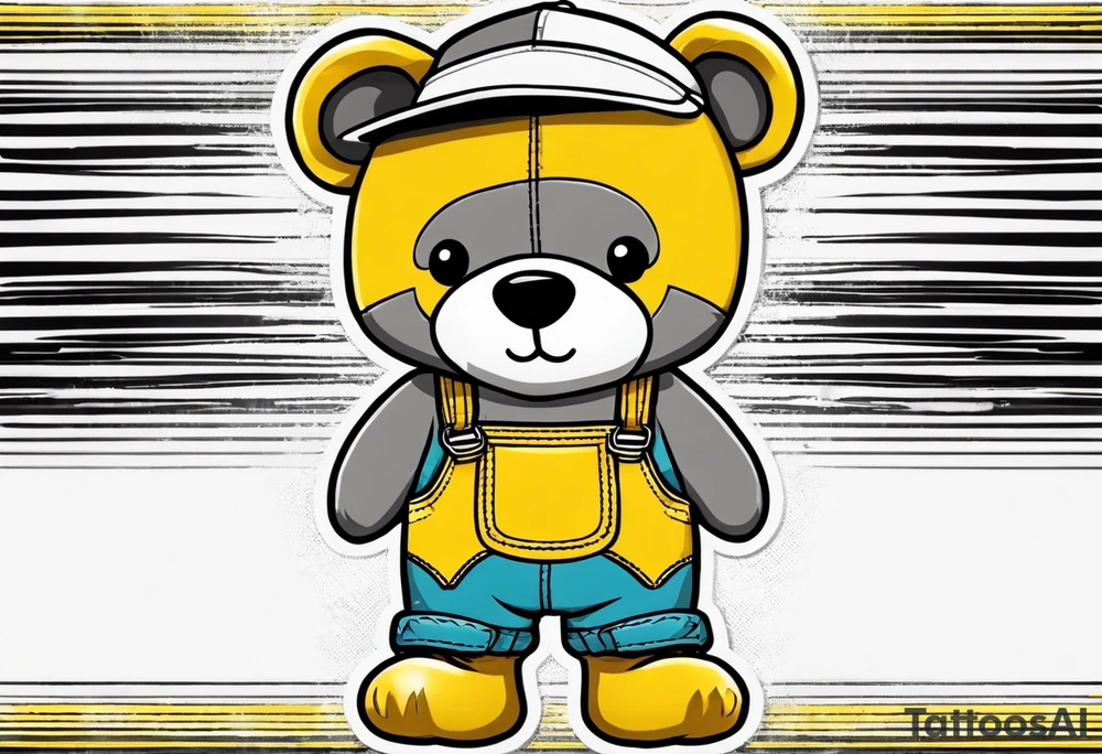 the back image of a grey teddy bear standing in yellow overalls, white tank top, striped boots and holding his left arm up to hold a hand tattoo idea