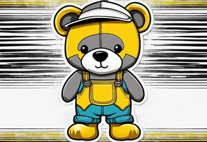 the back image of a grey teddy bear standing in yellow overalls, white tank top, striped boots and holding his left arm up to hold a hand tattoo idea