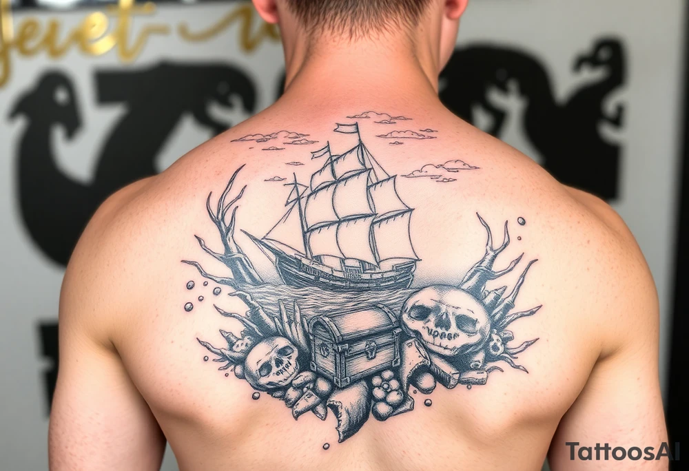 Underwater Atlantis with sunken ship and treasure chest arm sleeve tattoo idea