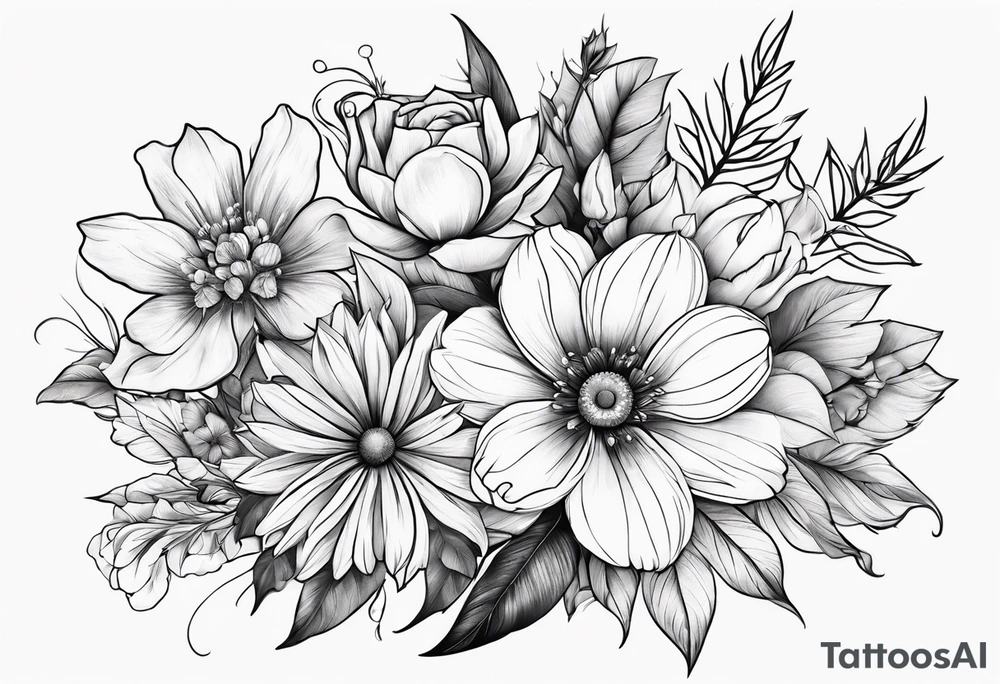 Flower bouquet with 5 flowers tattoo idea