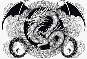 white and black dragon intertwined around the yinyan and with each other tattoo idea