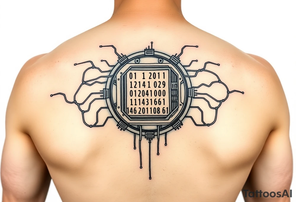Bio-Mechanical internal computer, binary code, symbolism for 6 kids, 5 boys and youngest is a girl tattoo idea