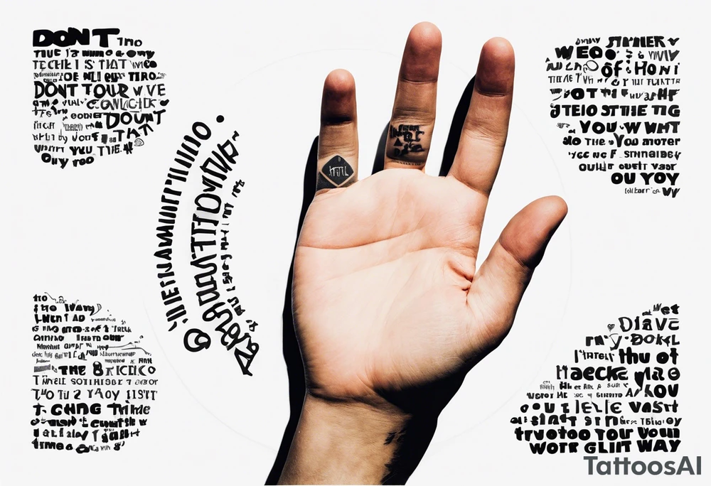 Circle of text on rhe hand with the tezt of dont waste tour time looking back youre not going that way tattoo idea