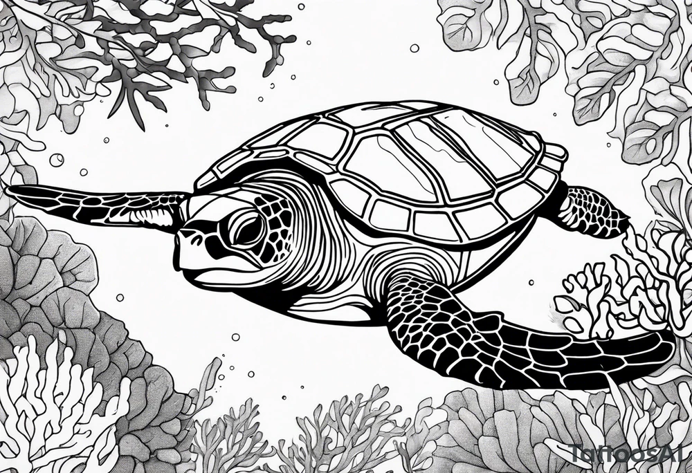 Sea turtle swimming through coral tattoo idea