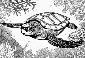 Sea turtle swimming through coral tattoo idea