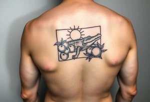 florida themed traditional tattoo with a gator, sun and oranges in a square border tattoo idea