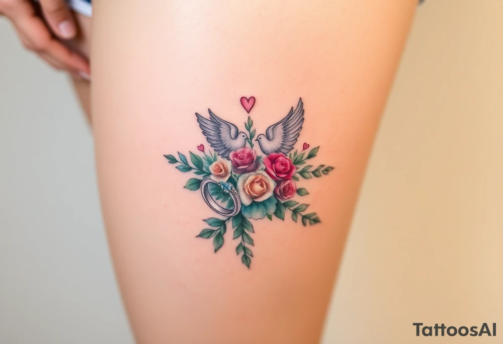 wedding ring with wedding bouquet, doves, hearts tattoo tattoo idea