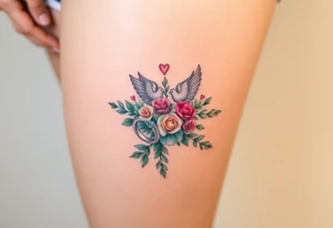 wedding ring with wedding bouquet, doves, hearts tattoo tattoo idea
