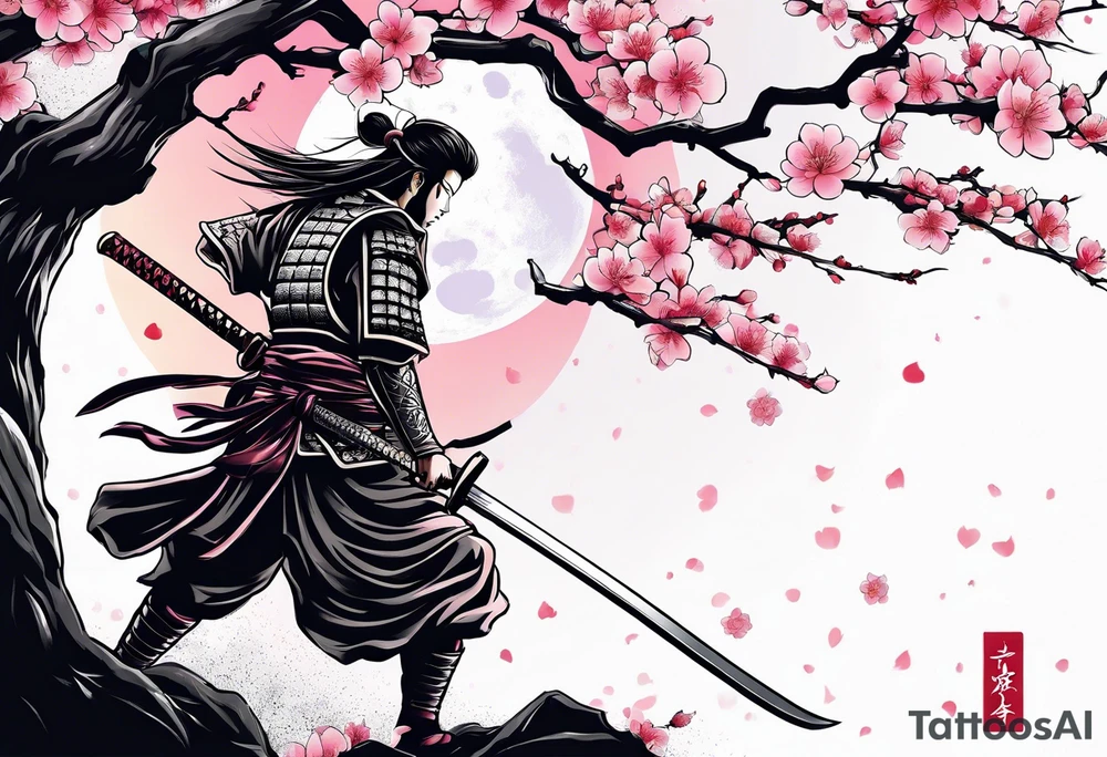 Japanese samurai sword sakura moon tattoo idea
