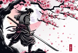 Japanese samurai sword sakura moon tattoo idea