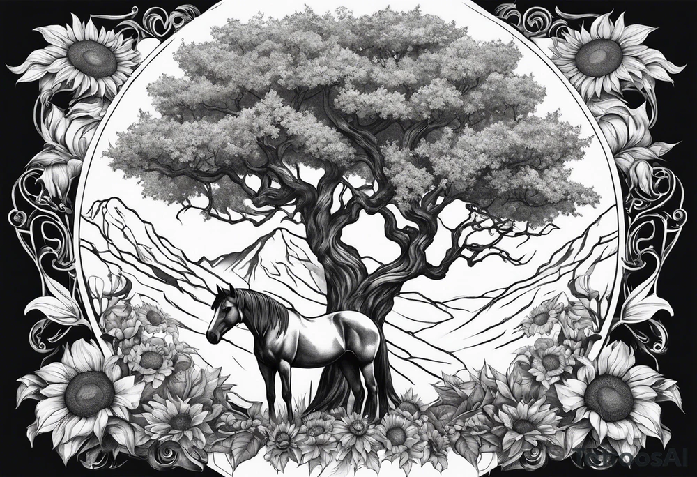 Yggdrasil tree, horse in front of it, and sunflowers tattoo idea