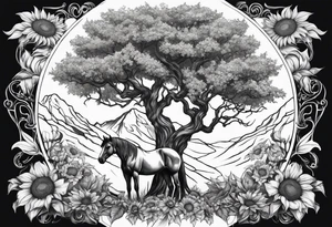 Yggdrasil tree, horse in front of it, and sunflowers tattoo idea