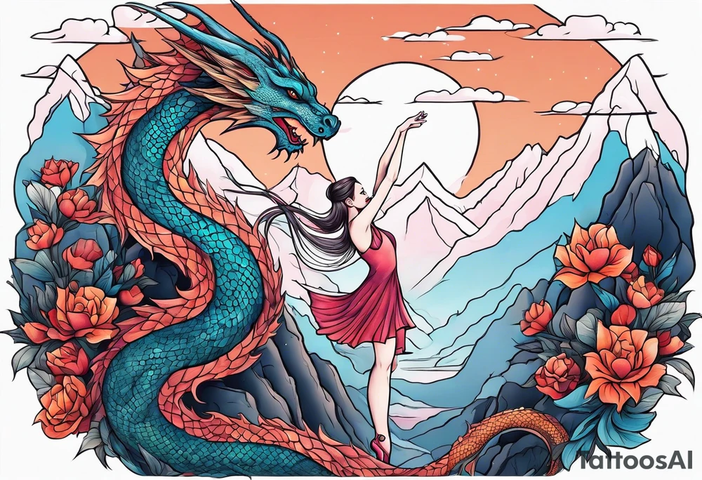 ballerina dancing with dragon in the mountains tattoo idea