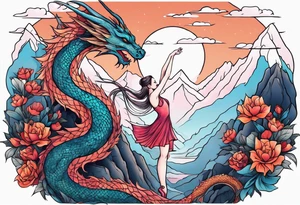 ballerina dancing with dragon in the mountains tattoo idea
