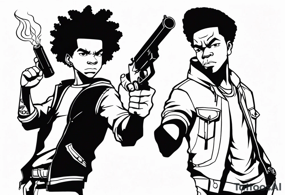 huey and riley from the boondocks, huey holding a torch with his fist up and riley holding a gun tattoo idea