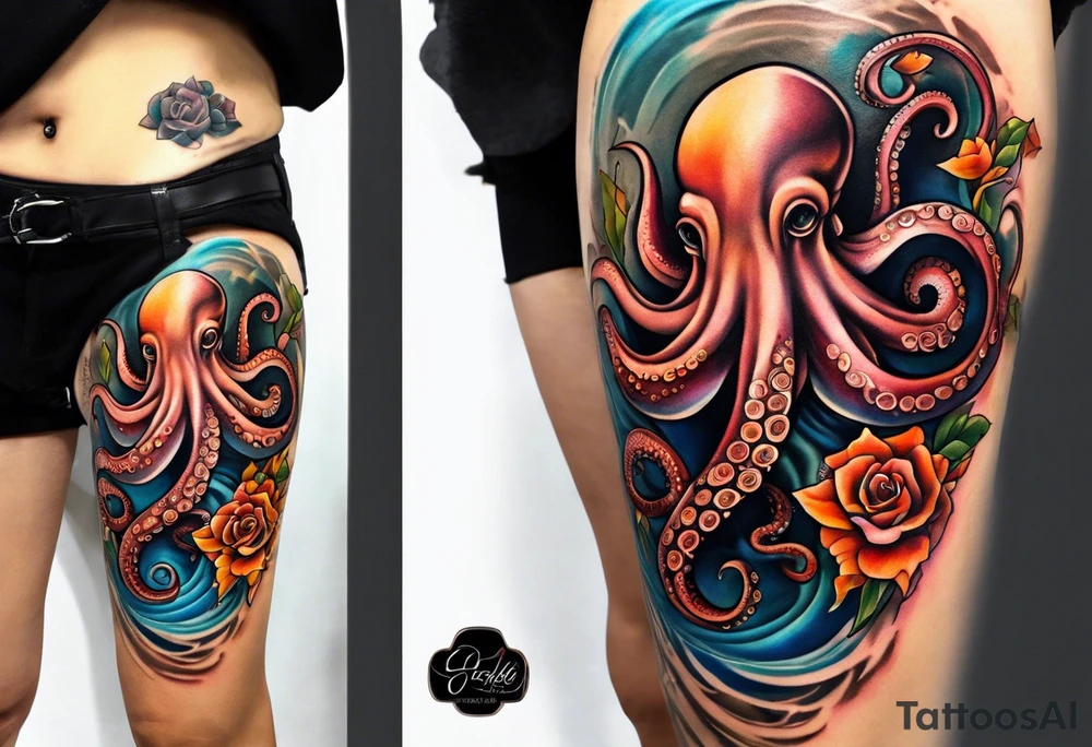 abstract left thigh tattoo with a large octopus in water swirls wrapping around rocks, a rose, in fall colors with some small leaves and fall elements tattoo idea