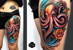abstract left thigh tattoo with a large octopus in water swirls wrapping around rocks, a rose, in fall colors with some small leaves and fall elements tattoo idea