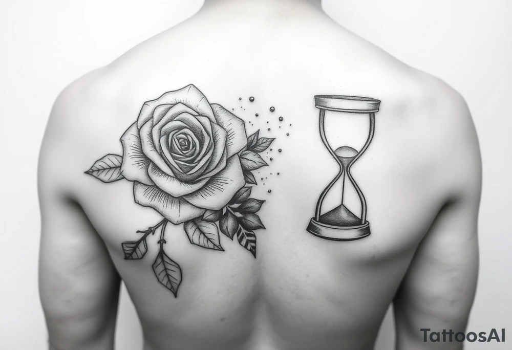 Arose in the shape of a heart with pieces of the Rose blowing away in the wind and the other half an hourglass with the sand out of time black and white feminine realistic for the top of my shoulder 
Shoulder tattoo idea