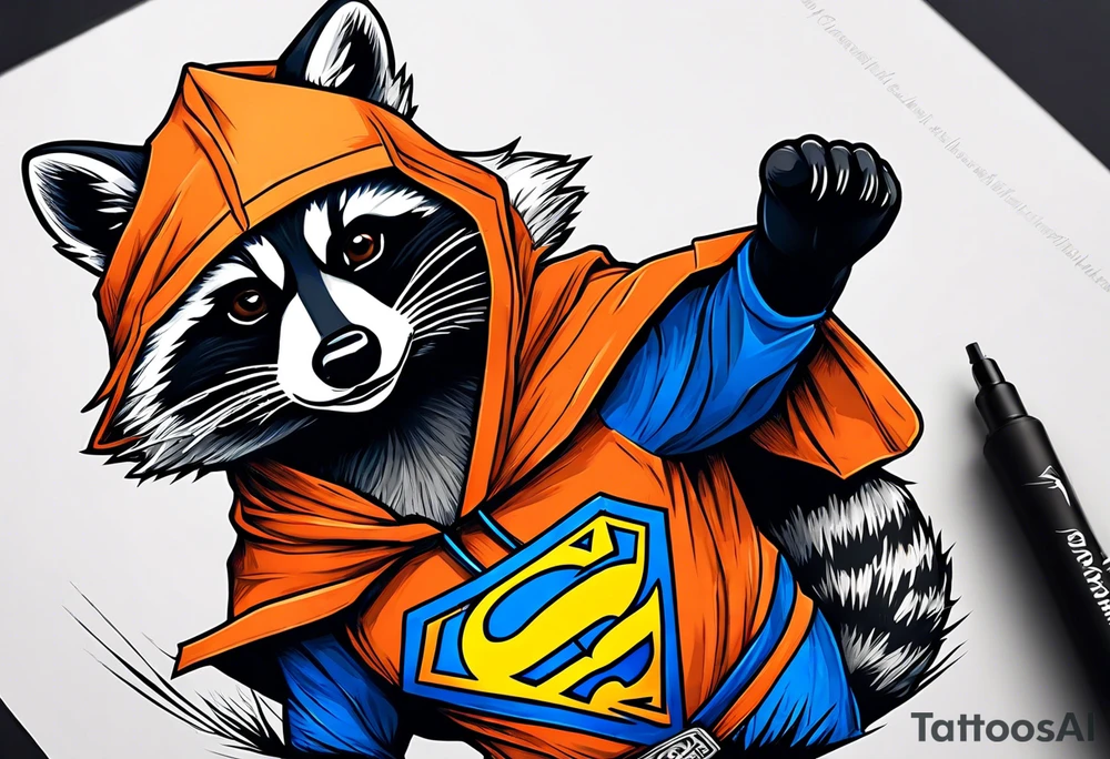 Raccoon wearing an orange Superman hoodie tattoo idea