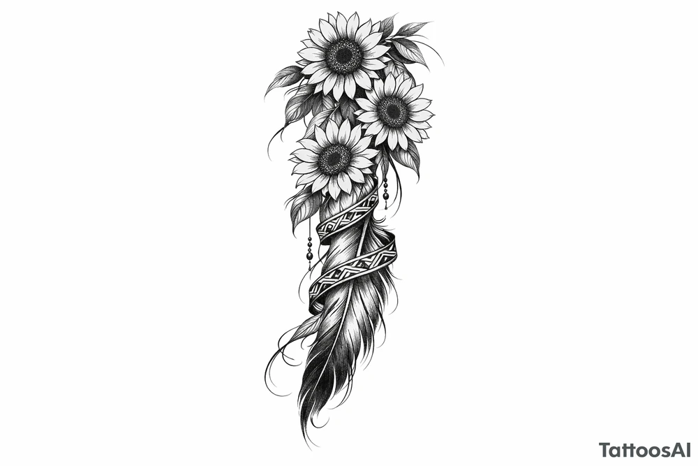 Cascading Sunflowers with an Indian feather all wrapped in Indian ribbon tattoo idea