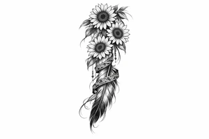 Cascading Sunflowers with an Indian feather all wrapped in Indian ribbon tattoo idea