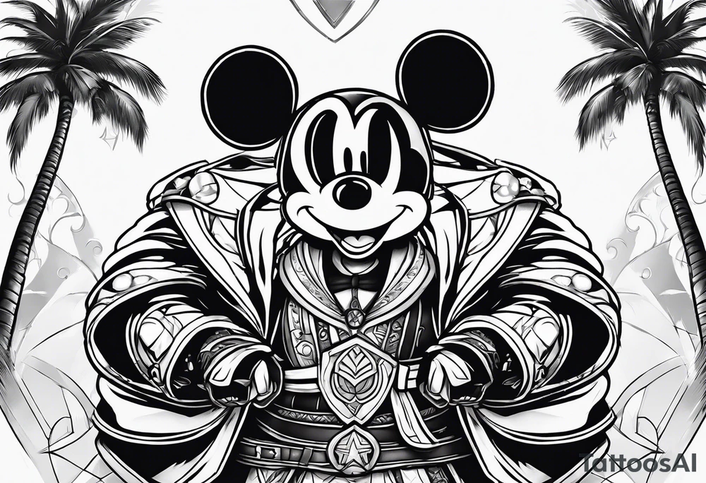 mickey mouse assassins creed character that is in the style of tron with palm trees tattoo idea