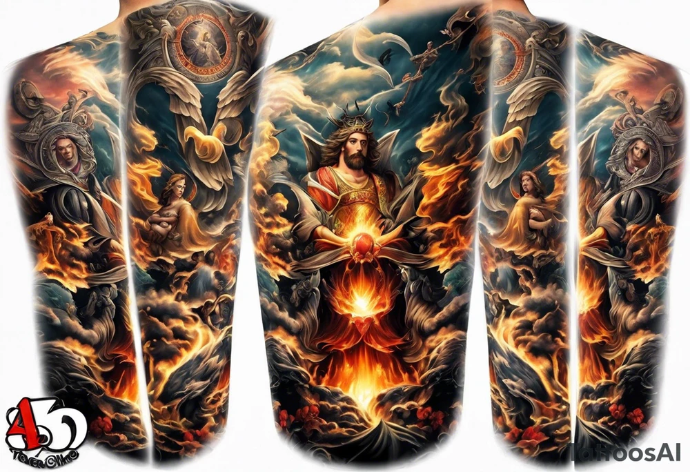 heaven and hell with angels and demons arm sleeve tattoo idea